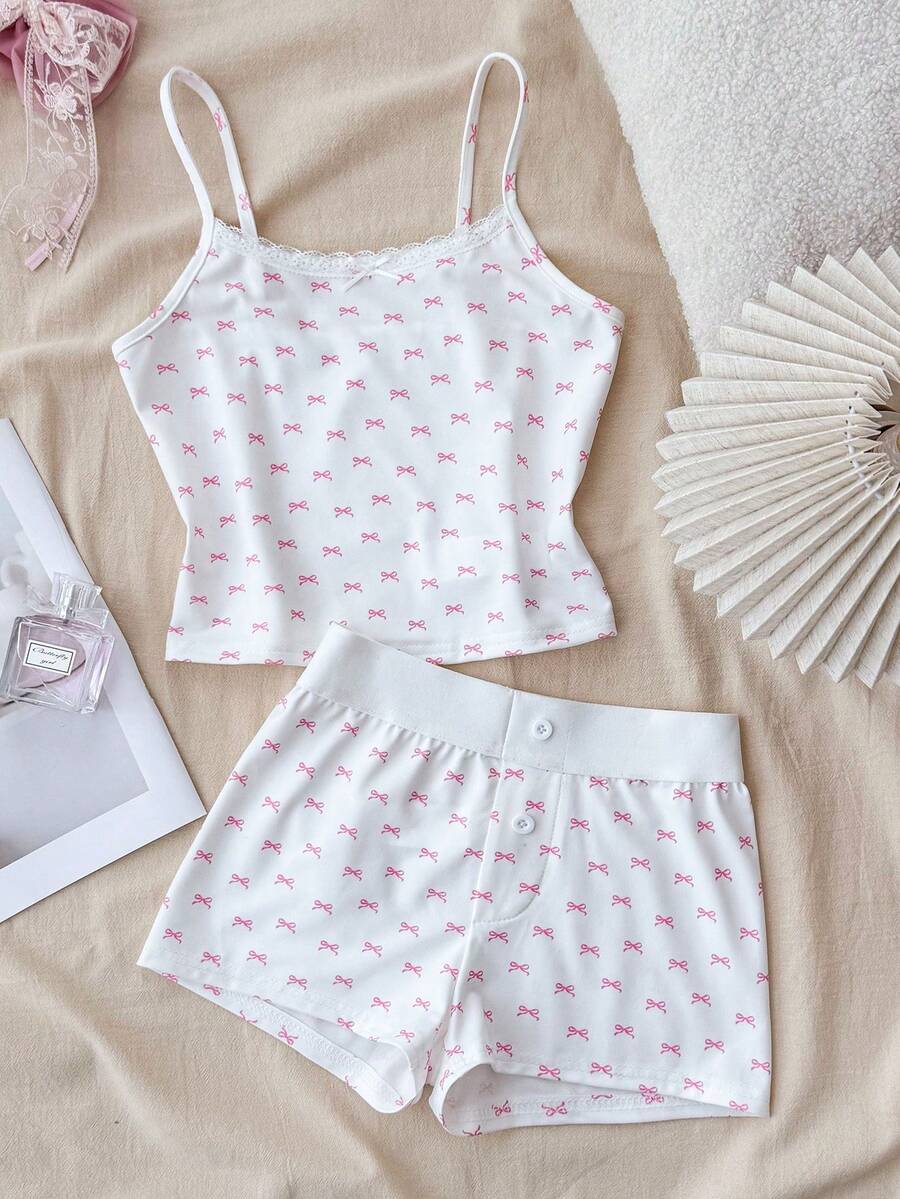 Bộ đồ cho bé gái tuổi teen gồm áo hai dây trắng viền ren thắt nơ và quần short siêu ngắn cài nút, thích hợp cho mùa xuân và hè, phù hợp cho ngày Valentine, mặc ở nhà, phong cách giản dị, tuổi teen. - Hồng - Xem 1