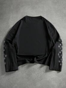 GENIUS ODE Men's Street Style, Short Cut, 3/4 Sleeve T-Shirt, Letter Print T-Shirt - Black - View 2