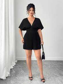 Elenzga Bộ jumpsuit nữ thời trang thanh lịch tay cánh dơi cổ chữ V xếp ly - màu đen - Xem 5