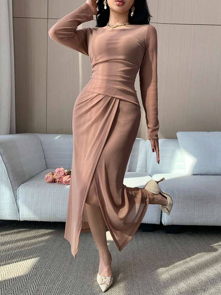 Women's Elegant Solid Color Asymmetric Shoulder Ruched Slit Midi Dress, Spring/Summer Wedding Guest Dress Sundress