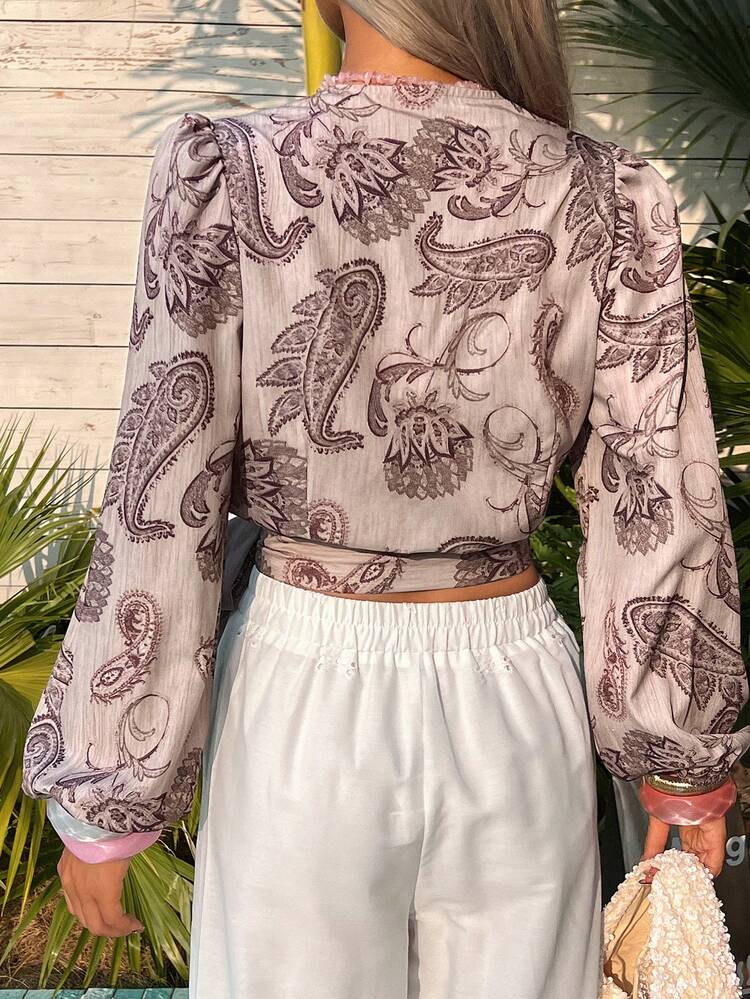 Vintage French Style Cashew Flower Print V-Neck Blouse, Fashionable Loose Long Sleeve Shirt For Women Boho
