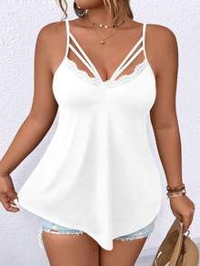 Elenzga Plus Size Summer Casual Solid Color Contrast Lace Hollow Out Camisole - White - View 4