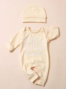 SHEIN 2Pcs Set Newborn Boy Photography Outfits Little Brother Embroidery Baby Coming Home Outfit Baby Shower Gift 1 Month 3 Month Infant Photo Props - Beige - View 7