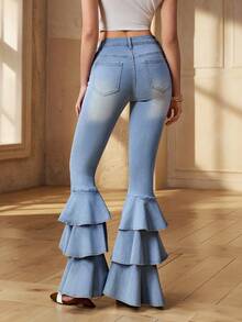 Selenza 女士休闲优雅荷叶边喇叭水洗牛仔裤 - 藍色 - 查看 2