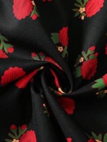 優雅黑色花卉秋季婚禮賓客洋裝，金色蕾絲飾邊V領，收腰A字版型透視雪紡長袖端莊Abaya套裝，適合前青春期女孩 - 彩色 - 查看 4