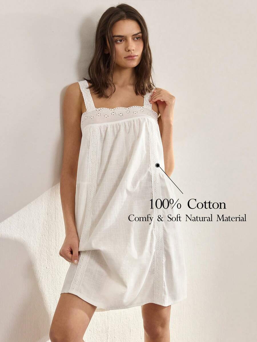 Ocili 100% Cotton Embroidered Lace Trim Comfortable Sleepwear Dress, Women Casual Home Dress - White - View 1