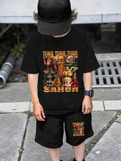 Young BoyBasic Short Sleeve T-Shirt + Black Shorts Set - Multi-Color