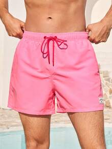 Manfinity VDAYZ 男士度假抽绳腰带字母印花休闲沙滩短裤 - 粉色 - 查看 2