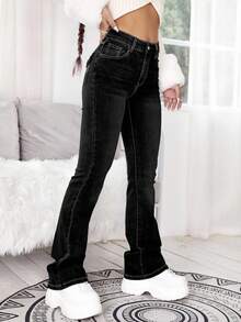SHEIN ICON Quần jeans ống loe cạp cao thêu họa tiết hình học Y2k dành cho nữ có 4 túi - màu đen - Xem 3
