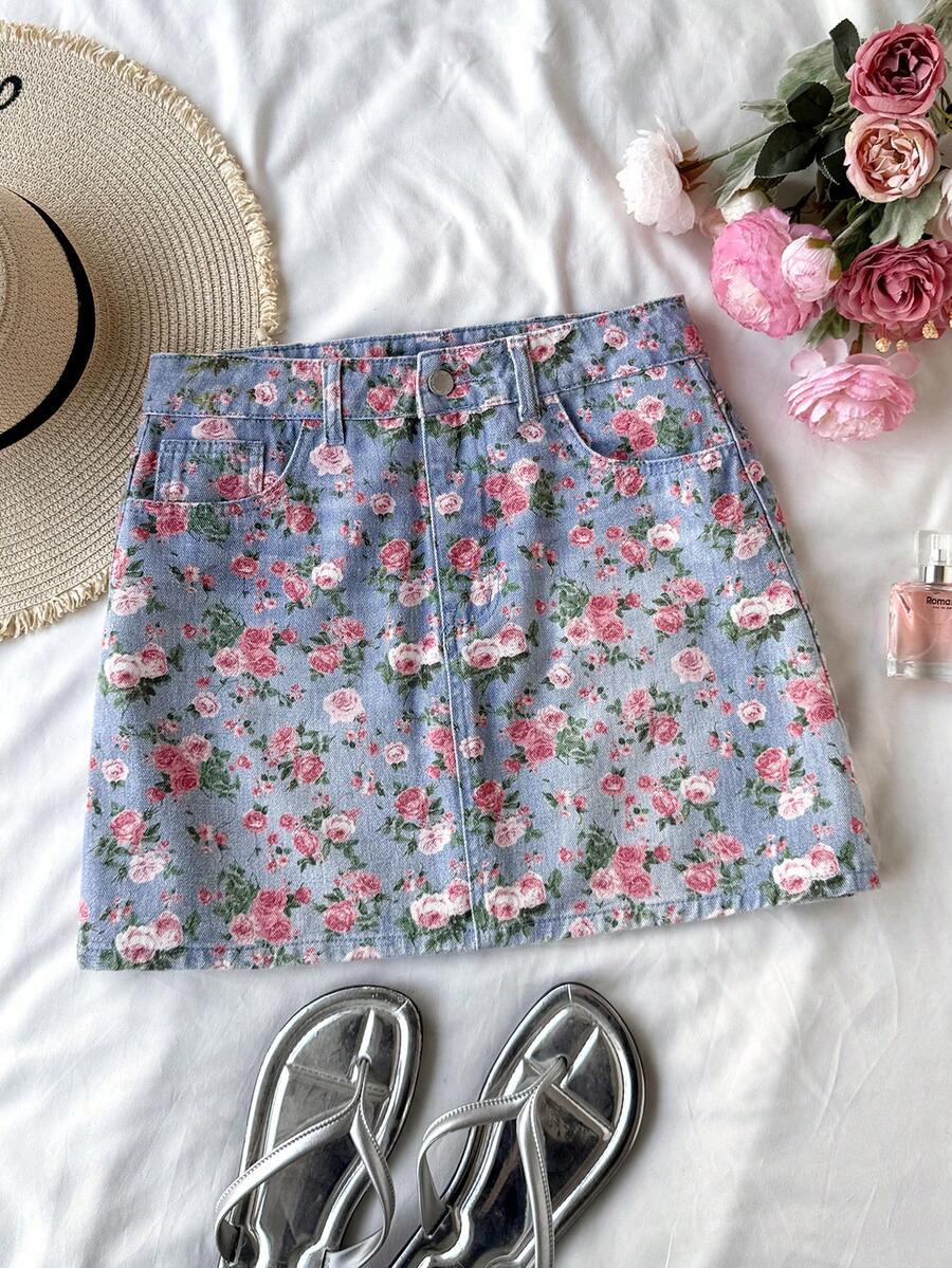 Soleia 女士印花口袋牛仔迷你裙，度假风 - 中等水洗藍 - 查看 1