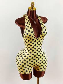 Amplova Women's Yellow & Black Polka Dot Halter Tie Backless Romper, Sexy Tight-Fitting Y2K Retro Polka Dot Print, Cute Ruched Back Detail - Multicolor - View 6