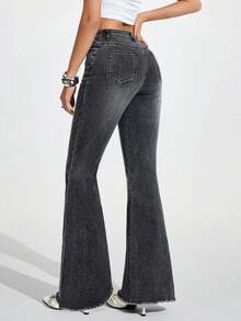 Jeanoix 女士口袋纽扣休闲百搭日常喇叭牛仔裤 - 淺灰色 - 查看 2