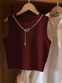 Resyla 女士酒红色圆领休闲百搭背心 - 酒紅色 - 查看 4