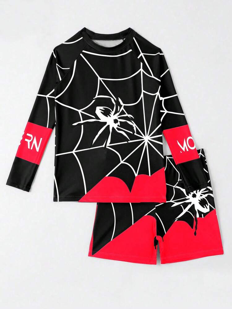 SHEIN GraphicGems Tween Boy Beach Vacation Spider & Letter Patchwork Print Raglan Long Sleeve Swimwear Set Boys Rash Guard Set Boy Swimsuit Set Long Sleeve Boys Pajama Set For 10 Year - Black - View 3