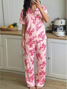2pcs/Set Girls' Cute Pink Heart & Bow Print Short Sleeve Top And Wide Leg Pants Pajama Set,Collared Button-Up Shirt,Summer Sleep Casual Homewear - Multicolor - View 3