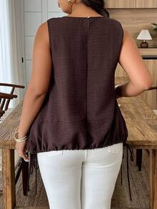 Weeklong Plus Size Women's Round Neck A-Line Drawstring Hem Front Short Sides Long Casual Vacation Blouse Shirt, Spring/Summer - Brown - View 2