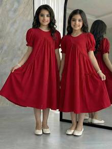 Tween Girl Loose Elegant Split Design Round Neck Puff Sleeve Dress - Red - View 4