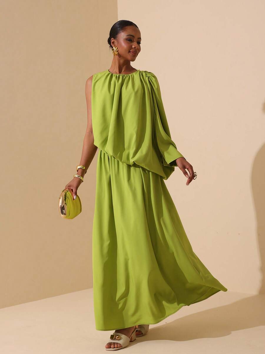 SHEIN Veneréa New Spring/Summer One-Shoulder Ruched Waist Dress, Green Round Neck, Elegant - Green - View 1