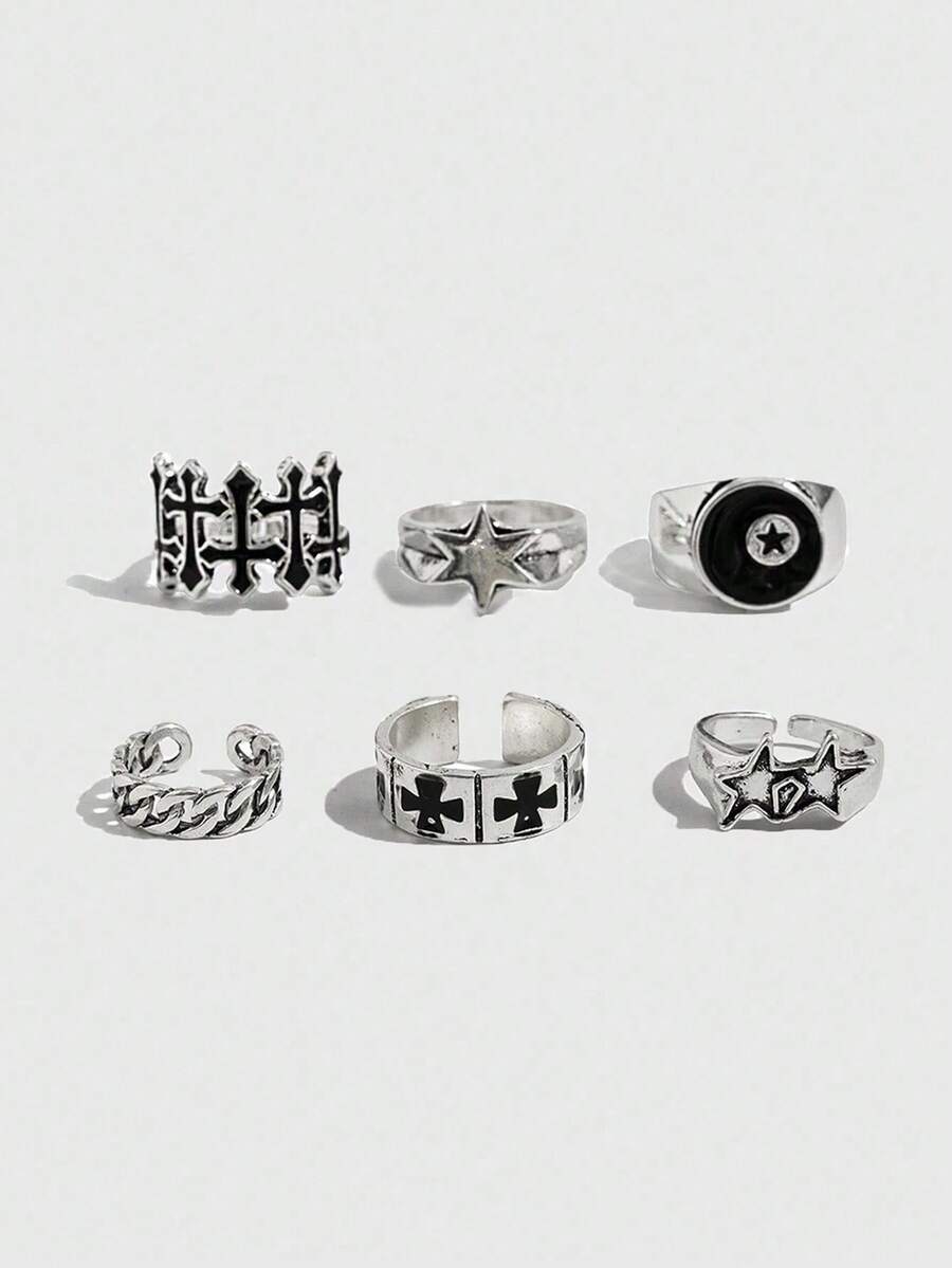ROMWE Bộ 6 chiếc nhẫn phong cách Hip Hop Châu Âu và Mỹ hình ngôi sao năm cánh, thánh giá, và ngôi sao đôi, dành cho nam và nữ, nhẫn thánh giá cá nhân hóa, nhẫn đeo ngón trỏ cho nam và nữ. - Bạc A - Xem 1