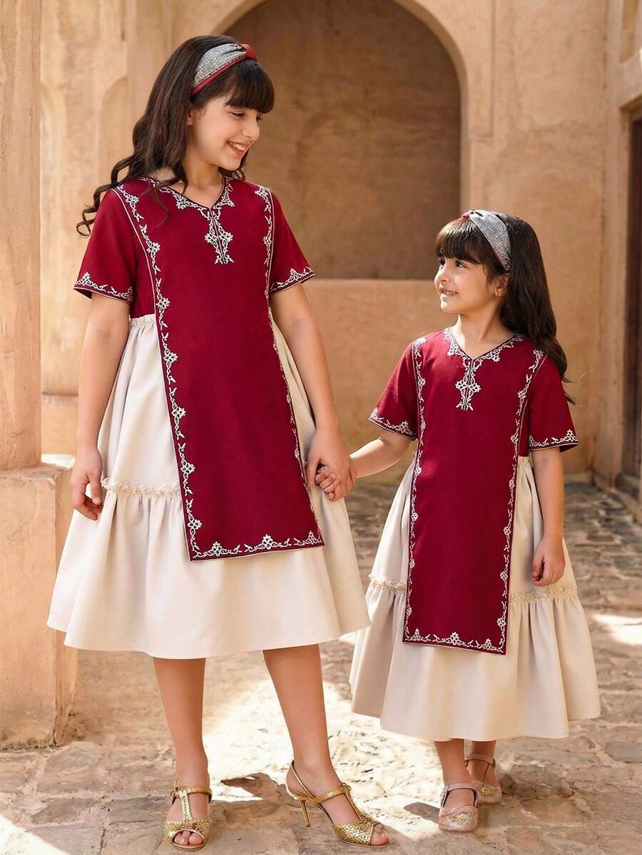 Young Girl Elegant V-Neck Floral Print Dress,Kids - Burgundy - View 1
