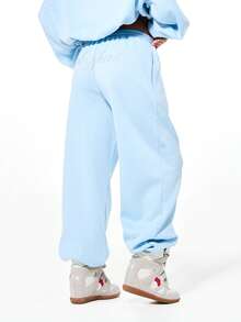 BABYPHAT Pantalones de chándal con puños, con texto con adorno de strass, cintura alta con cordón, cómodos y elásticos en los tobillos para estar en casa - Celeste - Ver 3