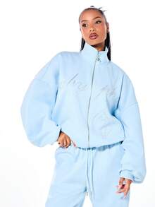 BABYPHAT Oversized Funnel Neck Full Zip Sweatshirt With Rhinestone Crystal Embellishments Long Sleeve Casual Comfort Winter Streetwear - Baby Blue - View 6