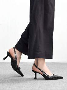CUCCOO BIZCHIC 女士黑色纹理通勤休闲简约纯色露跟细高跟鞋 - 黑色 - 查看 5