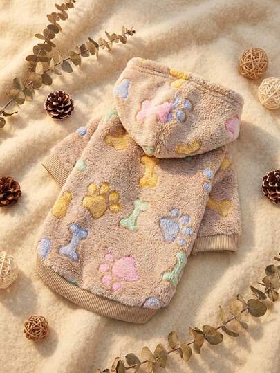 PETSIN 1pc Bone Plush Autumn/Winter Thickened Warm Hoodie For Pets - Light Brown