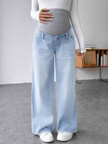 SHEIN 孕妇休闲宽松直筒牛仔裤，腰带拼接设计 - 淺色水洗藍 - 查看 6