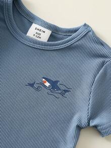 SHEIN 4件套男婴可爱夏季针织海洋卡通图案连体睡衣套装，基础款多件套家居服套装 - 彩色 - 查看 4