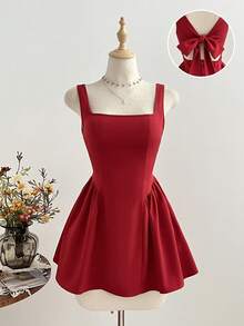 Elamini Romantic French Style Red Vacation Dress, Sleeveless, Waist Cinched, Slimming, Elegant Retro Square Neck Party Mini Dress, Spring/Summer - Burgundy - View 1