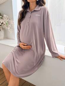 SHEIN Casual Letter Embroidered Maternity Dress With Stand Collar And Front Button, Loungewear - Mocha Brown - View 4