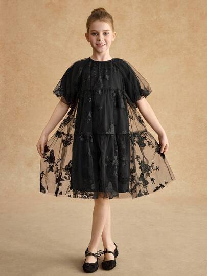 Tween Girls' Summer Casual Mesh Patchwork Butterfly Embroidery Puff Sleeve Dress