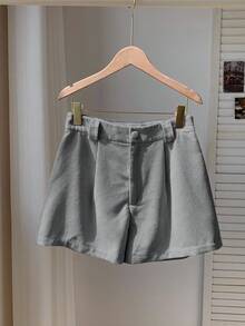 Comfortcana 女士休闲灰色灯芯绒褶皱短裤，秋季款 - 灰色 - 查看 2