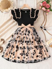 少女夏季优雅撞色滚边网纱荷叶边连衣裙 - 黑色 - 查看 1