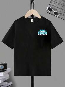 SHEIN 男童休闲时尚创意个性清新高端简约数字67卡通人物闪电标语印花宽松基础款短款T恤，舒适日常穿着，适合春、夏、秋季穿着。 - 黑色 - 查看 4