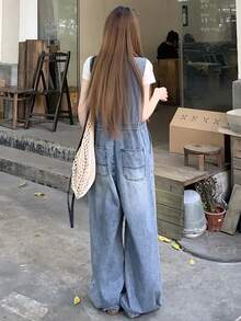 FRIFUL Women's V-Neck Pocketed Casual Versatile Everyday Denim Jumpsuit With Wide Leg - Blue - View 7