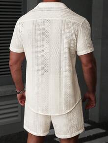 Manfinity RSRT Men's Summer Casual Vacation Front Button Hollow Shirt And Shorts Set - Apricot - View 2