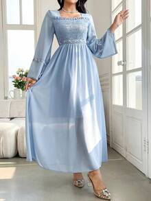 Yasmyna 女士方领插肩袖长款阿拉伯风格连衣裙 - 藍色 - 查看 7