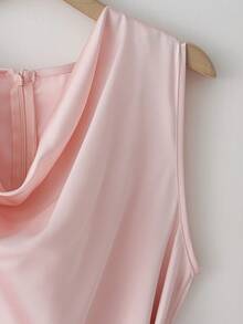 Franclia New Summer Sleeveless Long Satin Satin Dress With Metal Buckle Belt, Pink Color, Sophisticated Style, Ruffled Neckline, Elegant Long Dress For Parties, Weddings, Parties, Vacations, Long Summer Solid Color Vest Satin Dress. Beach Dress Elegant Dress Dress Gowns Dinner Dresses For Vacation Beautiful Dresses For Woman Classy Dress Women's Dress Formal Wear - Pink - View 4