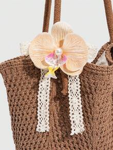 Fairycore 1 Pcf Tropical Ocean Beach Holiday Style Hollow Out Khaki Color Lady's Shoulder Bag, Tropical Flower Decoration Large Capacity Beach Bag - Multicolor 8 - View 4
