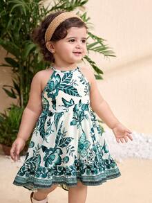 SHEIN Vestido sin espalda con estampado floral para niña, ideal para vacaciones de verano - Multicolor - Ver 2