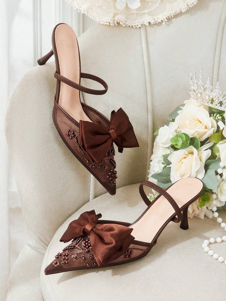 CUCCOO HITCHD Women Shoes Four Seasons New Embroidery Bow Beaded Pointed Toe Thin Heel High Heel Mesh Women's High Heel Shoes Instep With Dew Heel Shoes Elegant Elegant Fashion Wedding Valentine's Day Tea Elegant Wear Valentine's Day Elegant Shoes Wedding Shoes Summer Shoes Bride Shoes