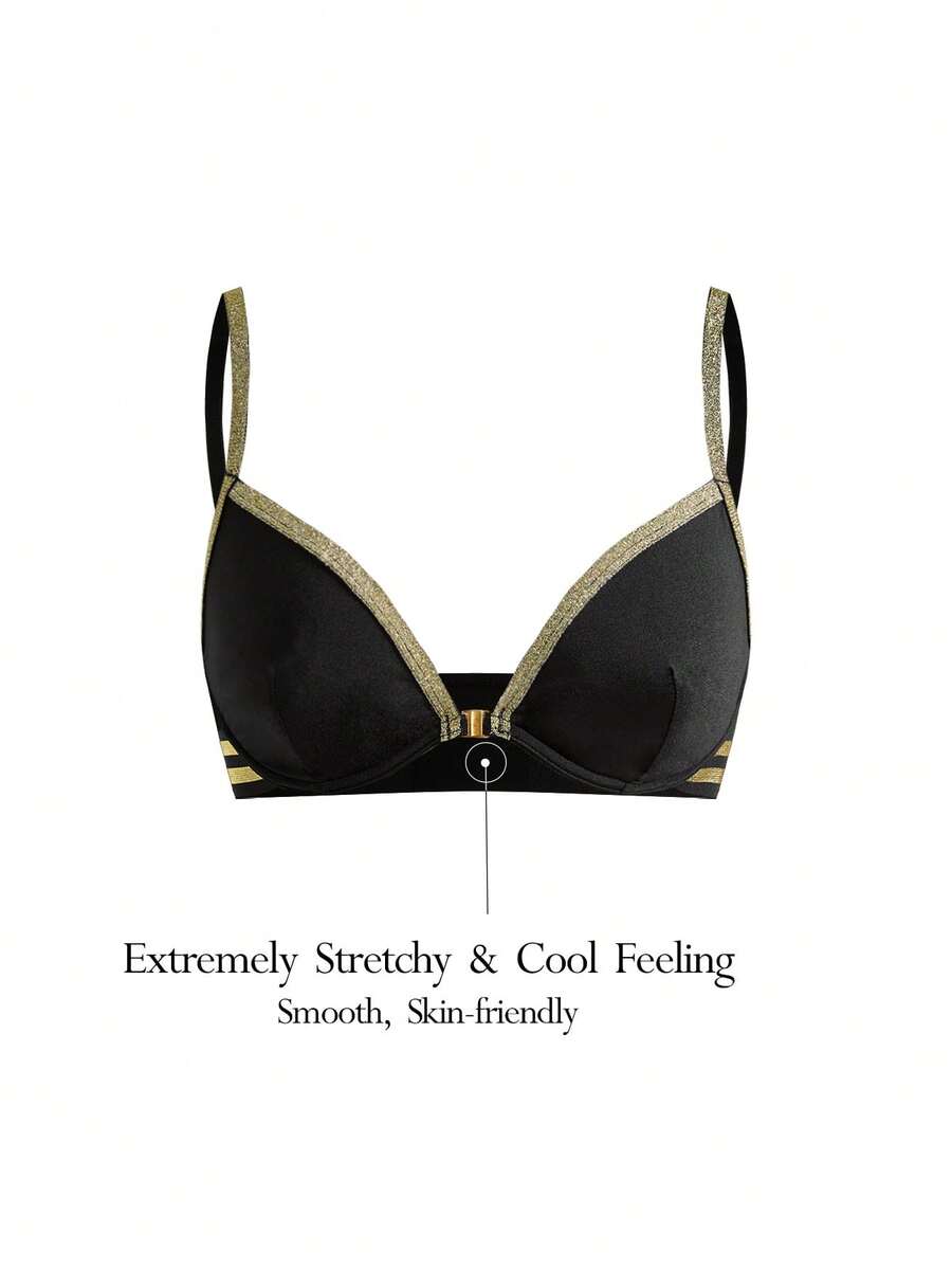 Ocili 1pc Women's Shiny Swimsuit Bra, Gold Front Closure, Basic Minimalist Comfortable Lingerie - Black - View 1