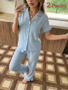 2件套女童短袖翻领上衣和休闲长裤家居服套装 - 藍色 - 查看 8