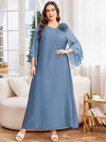 Lacomfia 大码女式纯色雪纺拼接休闲连衣裙 - 霧霾藍 - 查看 6