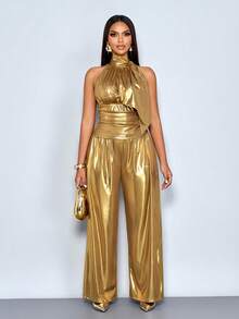 SOLERSUN 四季皆宜的女装，优雅休闲，派对风格，金色，弹力面料，闪亮反光激光面料，立领，侧系领口，无袖，背心款式，收腰设计，修身上衣，松紧腰带，阔腿裤，裤装套装，两件套 - 金色 - 查看 5