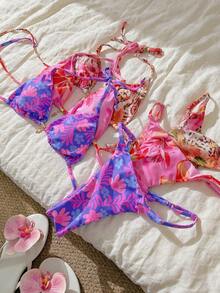 Elavelle Springbreak Women's Random Print Spaghetti Strap Sexy Bikini Swimsuit Set, Summer Beachwear Outfits - Multicolor - View 1