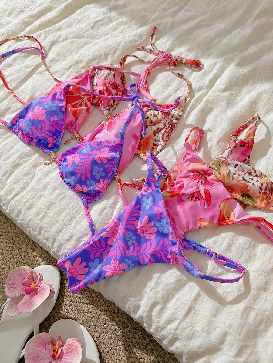 Elavelle Springbreak Women's Random Print Spaghetti Strap Sexy Bikini Swimsuit Set, Summer Beachwear Outfits - Multicolor - View 1