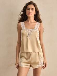 Charlaine 优雅法式缎面柔软舒适女士睡衣套装 - 香檳色 - 查看 3